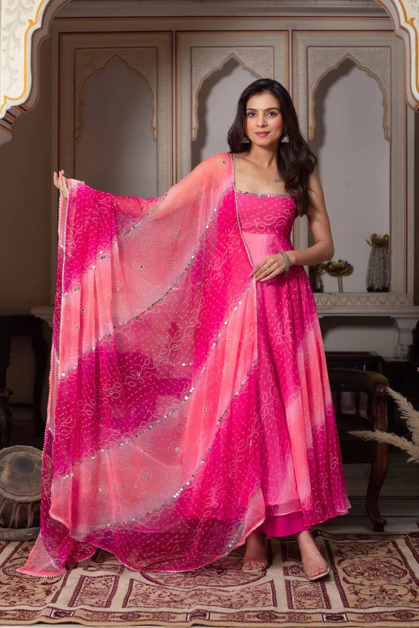 rangrisha pink leheriya anarkali set