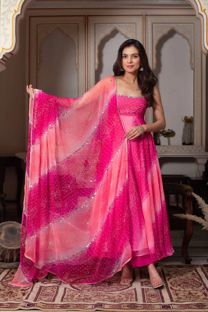 Rangrisha Pink Leheriya Anarkali Set