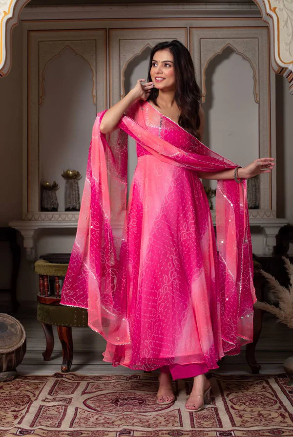 rangrisha pink leheriya anarkali set