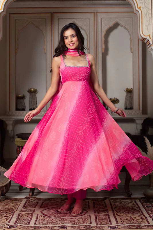 Rangrisha Pink Leheriya Anarkali Set
