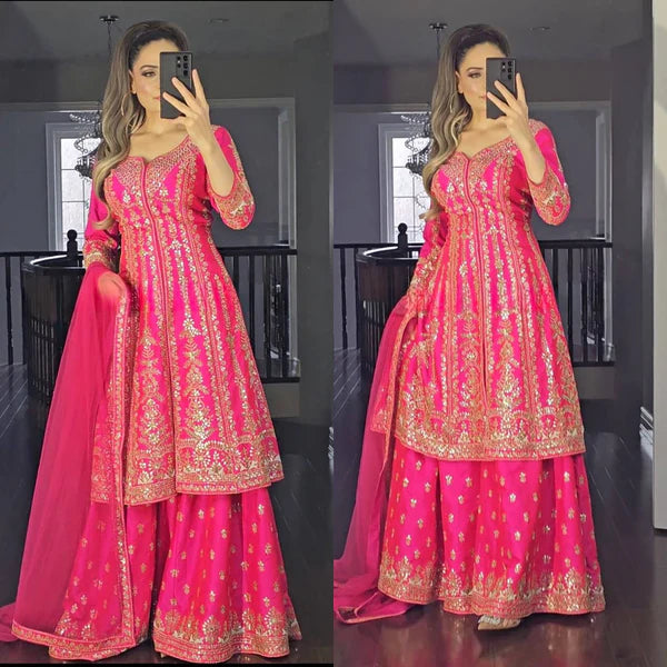 shaniya rani pink long top sharara plazzo dupatta suit set