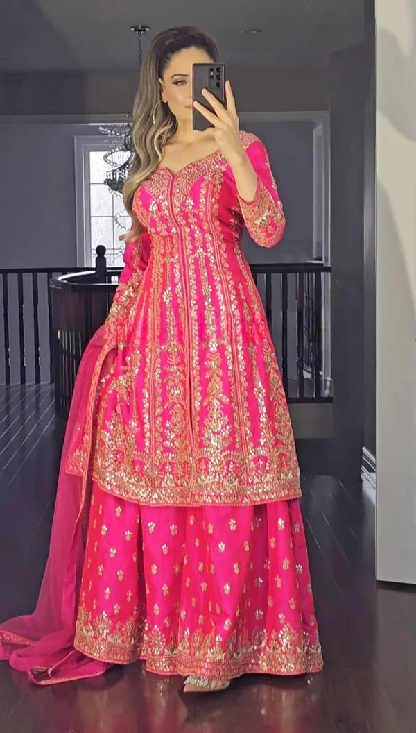 shaniya rani pink long top sharara plazzo dupatta suit set