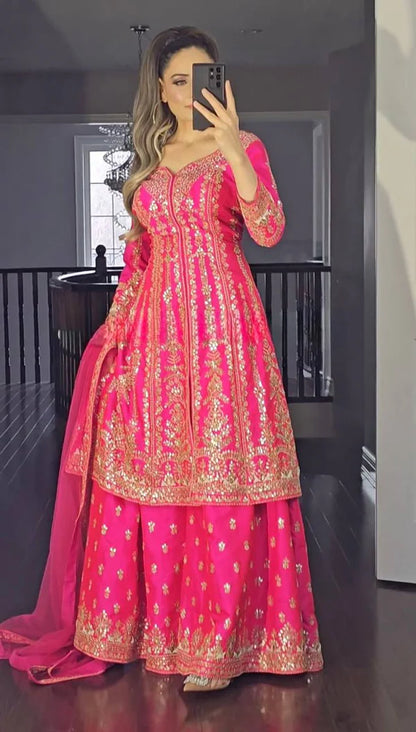 Shaniya Rani Pink Long Top Sharara Plazzo Dupatta Suit Set