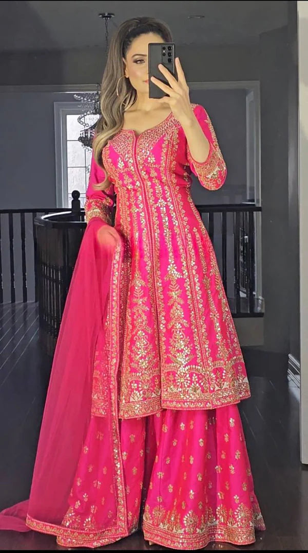 shaniya rani pink long top sharara plazzo dupatta suit set