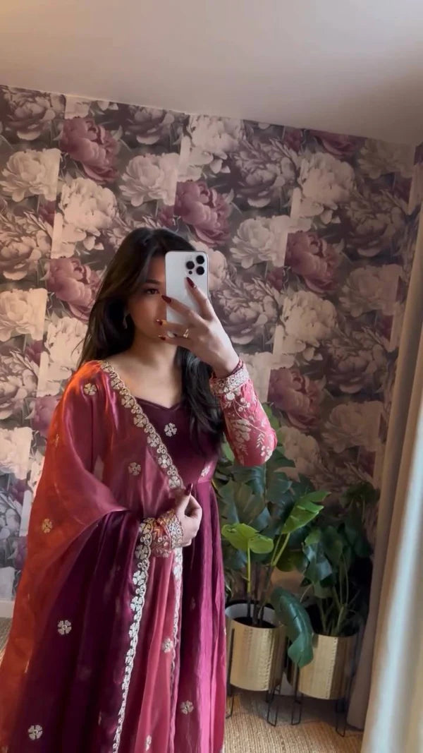 mohrina wine anarkali suit set