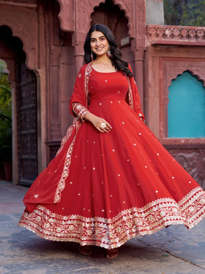 Zyrenza Red Celestique Anarkali Suit Set