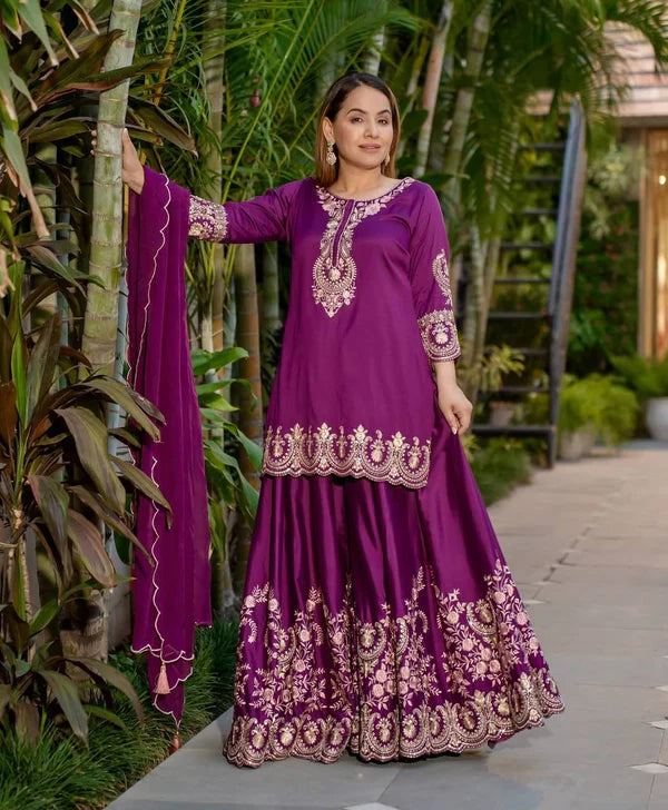 yanika purple and golden suit set