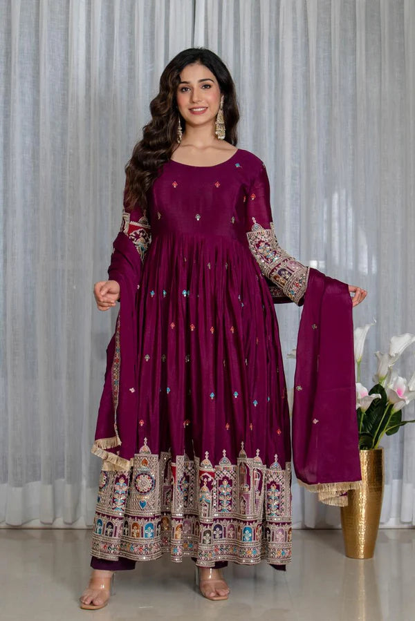 simran's wine canvas cinon silk anarkali suit set