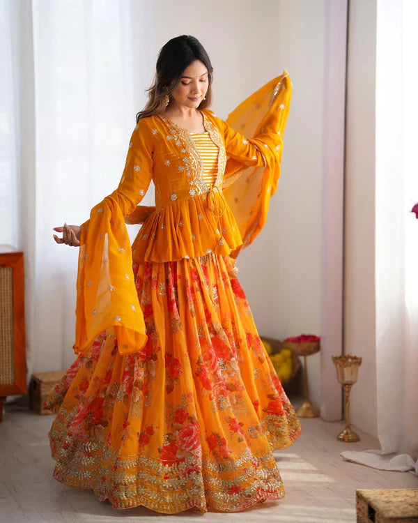 nitara marigold lehenga koti set