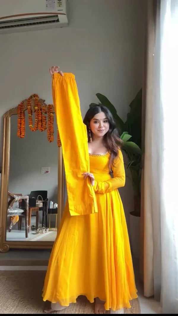 amber glow yellow georgette anarkali suit set
