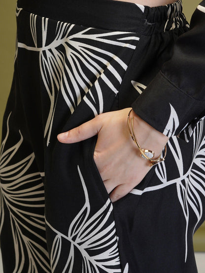 Black Leaf Print Rayon Co-ord Set with Full Sleeves
