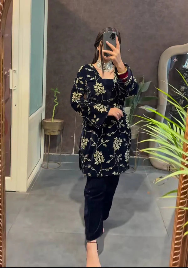 mehrin blue heavy viscose velvet suit set