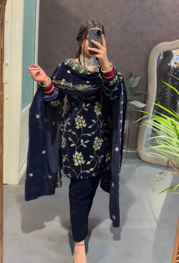 mehrin blue heavy viscose velvet suit set