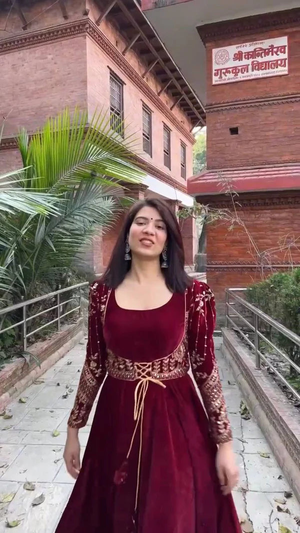sukena maroon velvet anarkali suit set