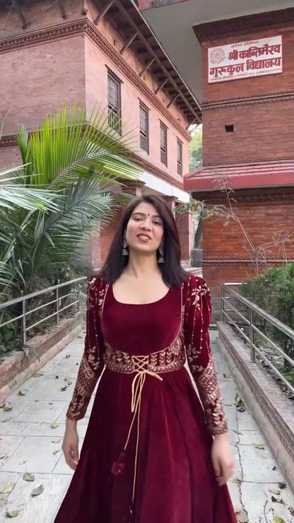 Sukena Maroon Velvet Anarkali Suit Set