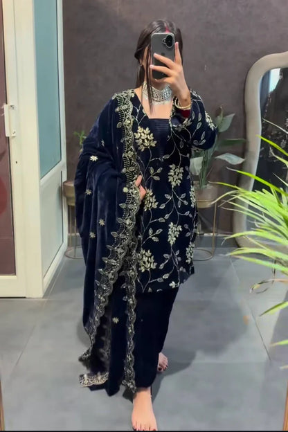 Mehrin Blue Heavy Viscose Velvet Suit Set