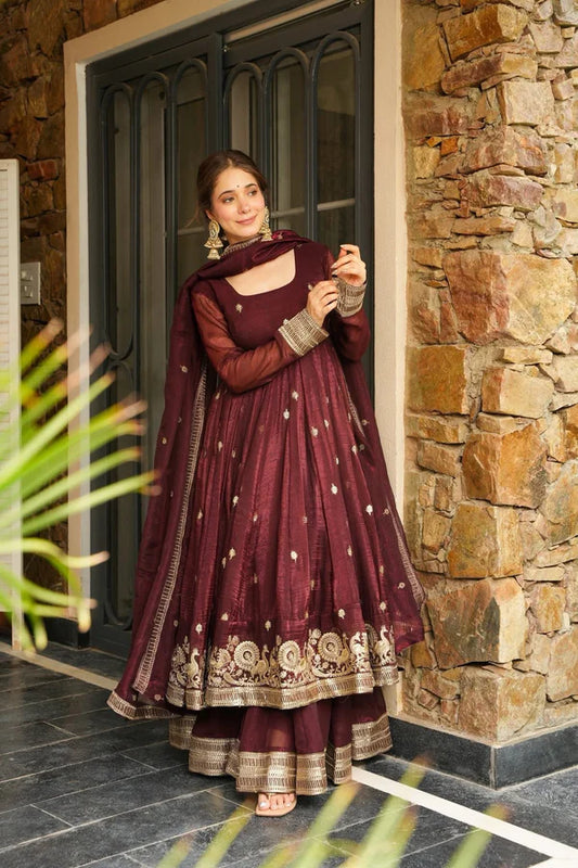 RASMIKA MARRON COLOUR EMBROIDERED SUIT SET