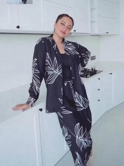 Black Leaf Print Rayon Co-ord Set with Full Sleeves