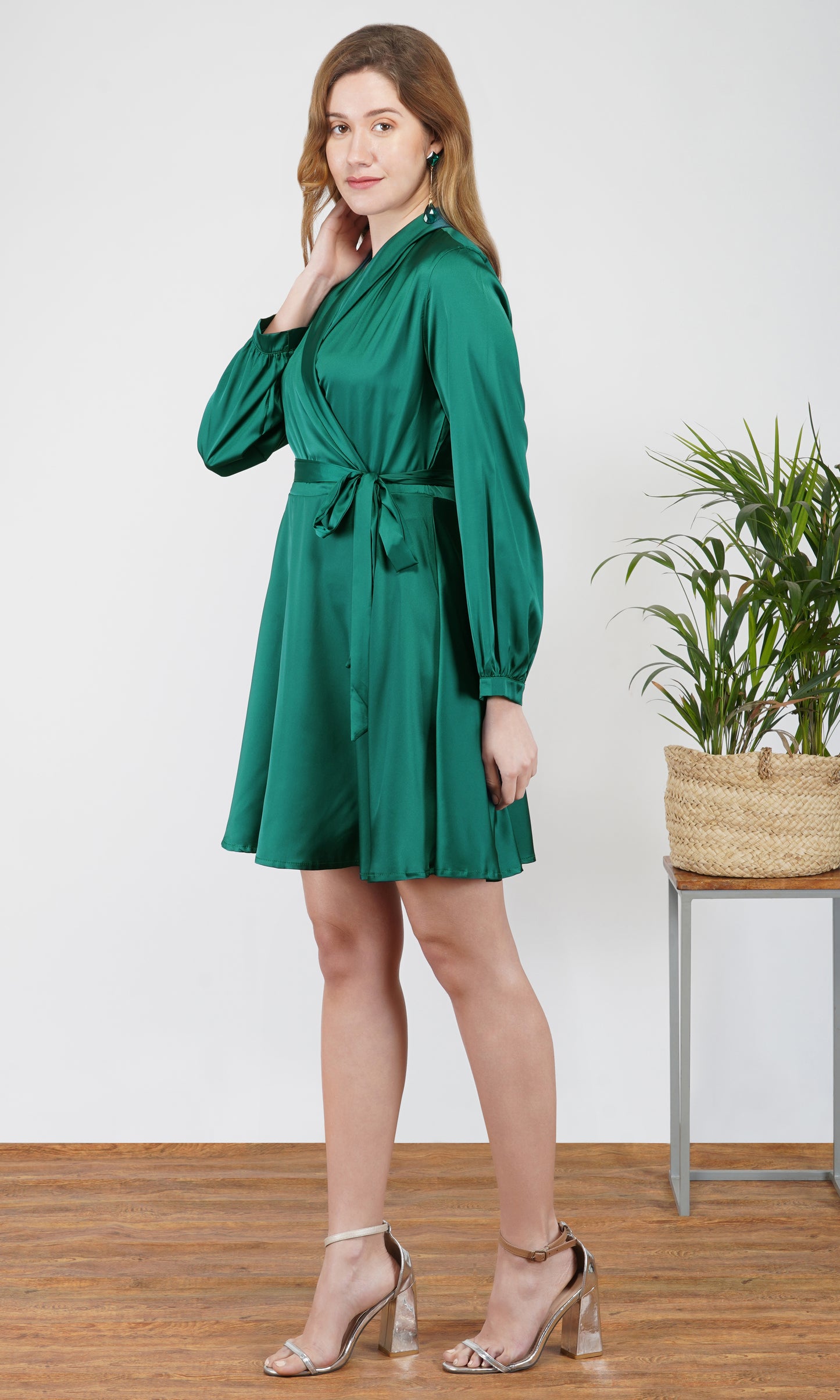 emerald luxe satin wrap mini dress