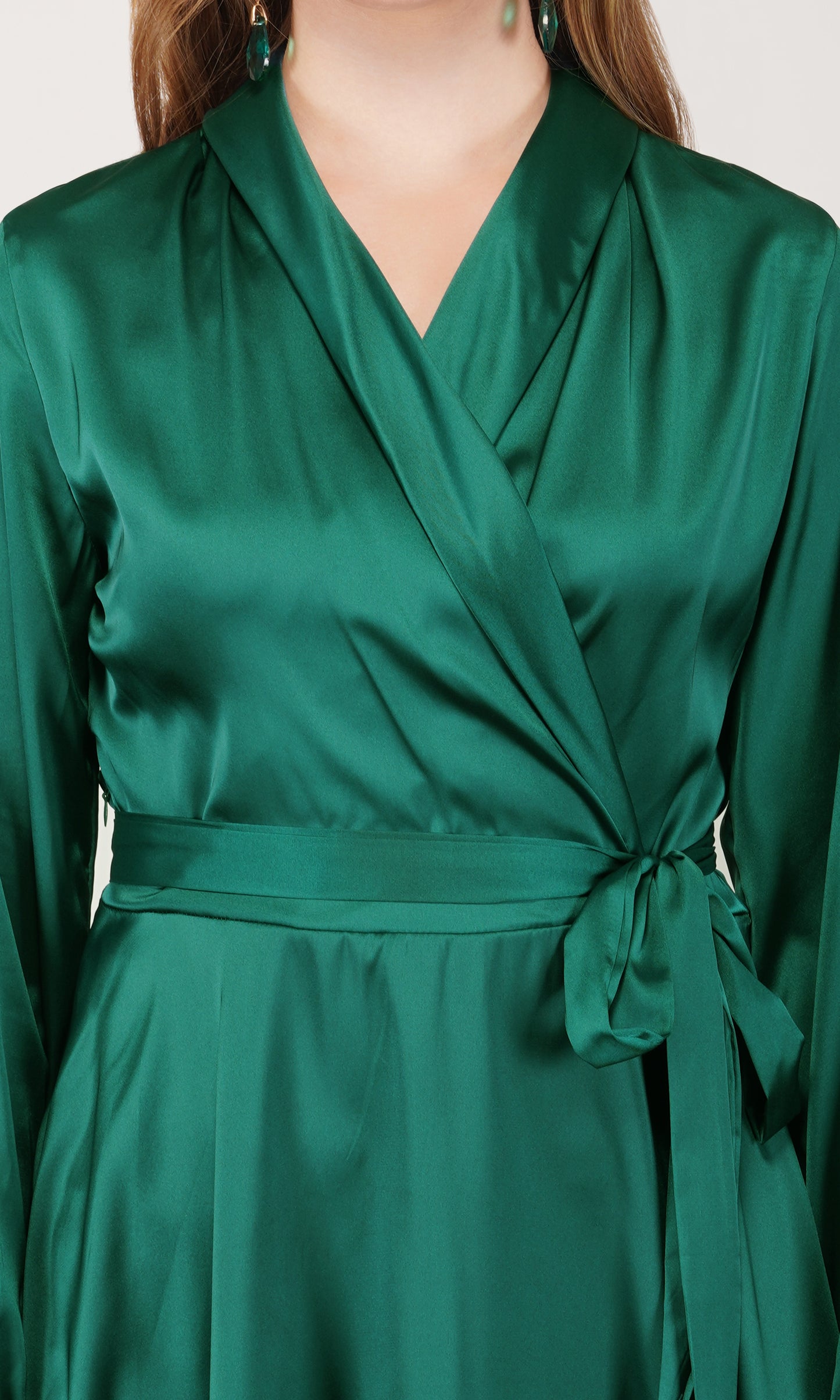 emerald luxe satin wrap mini dress