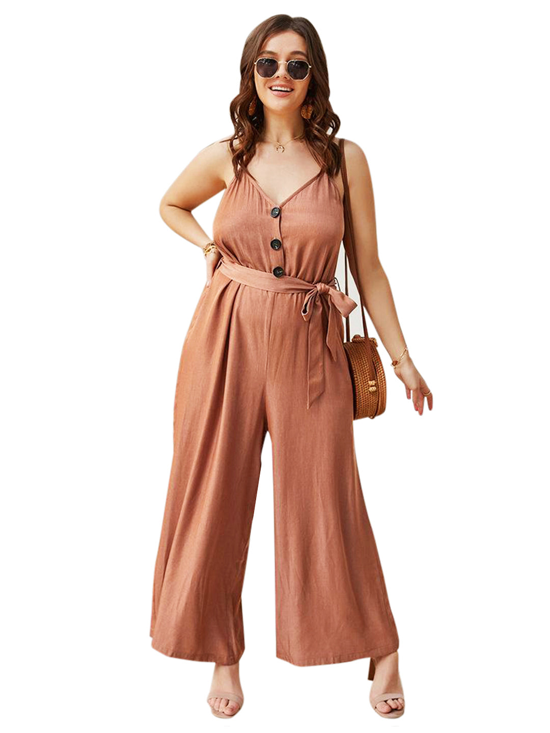 the 'rust haven' brown sleeveless v-neck wide-leg jumpsuit