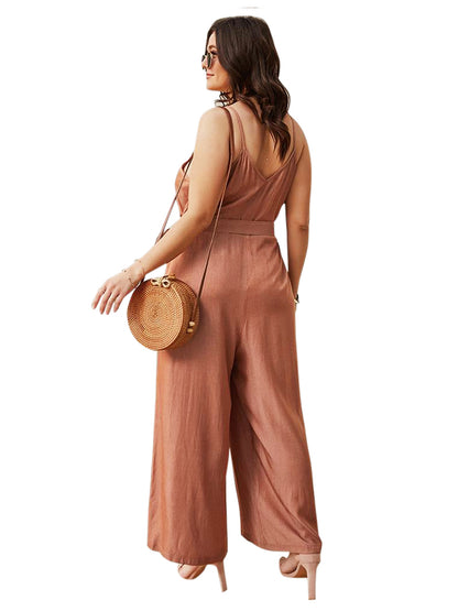 The 'Rust Haven' Brown Sleeveless V-Neck Wide-Leg Jumpsuit