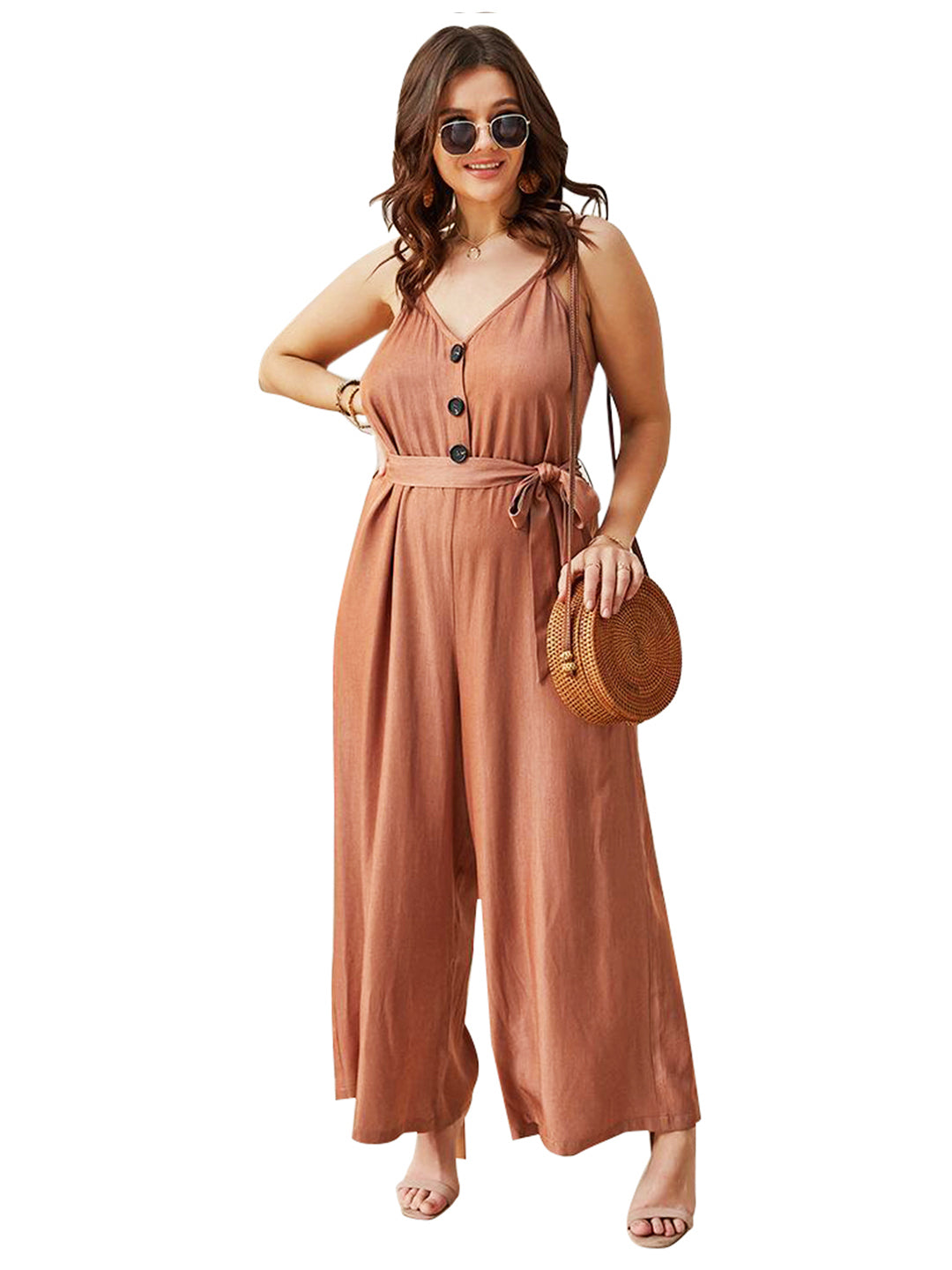 the 'rust haven' brown sleeveless v-neck wide-leg jumpsuit