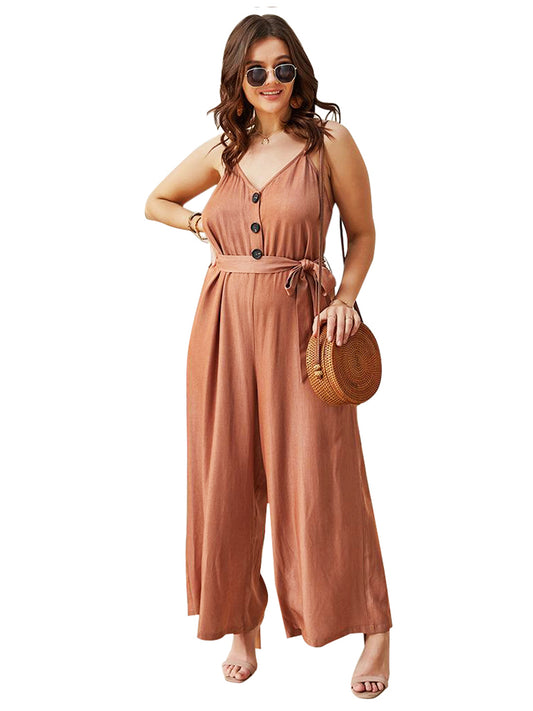 The 'Rust Haven' Brown Sleeveless V-Neck Wide-Leg Jumpsuit