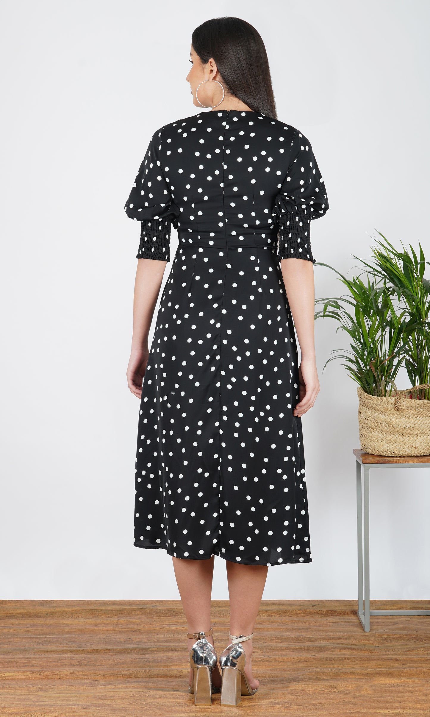 black & white polka dot midi dress