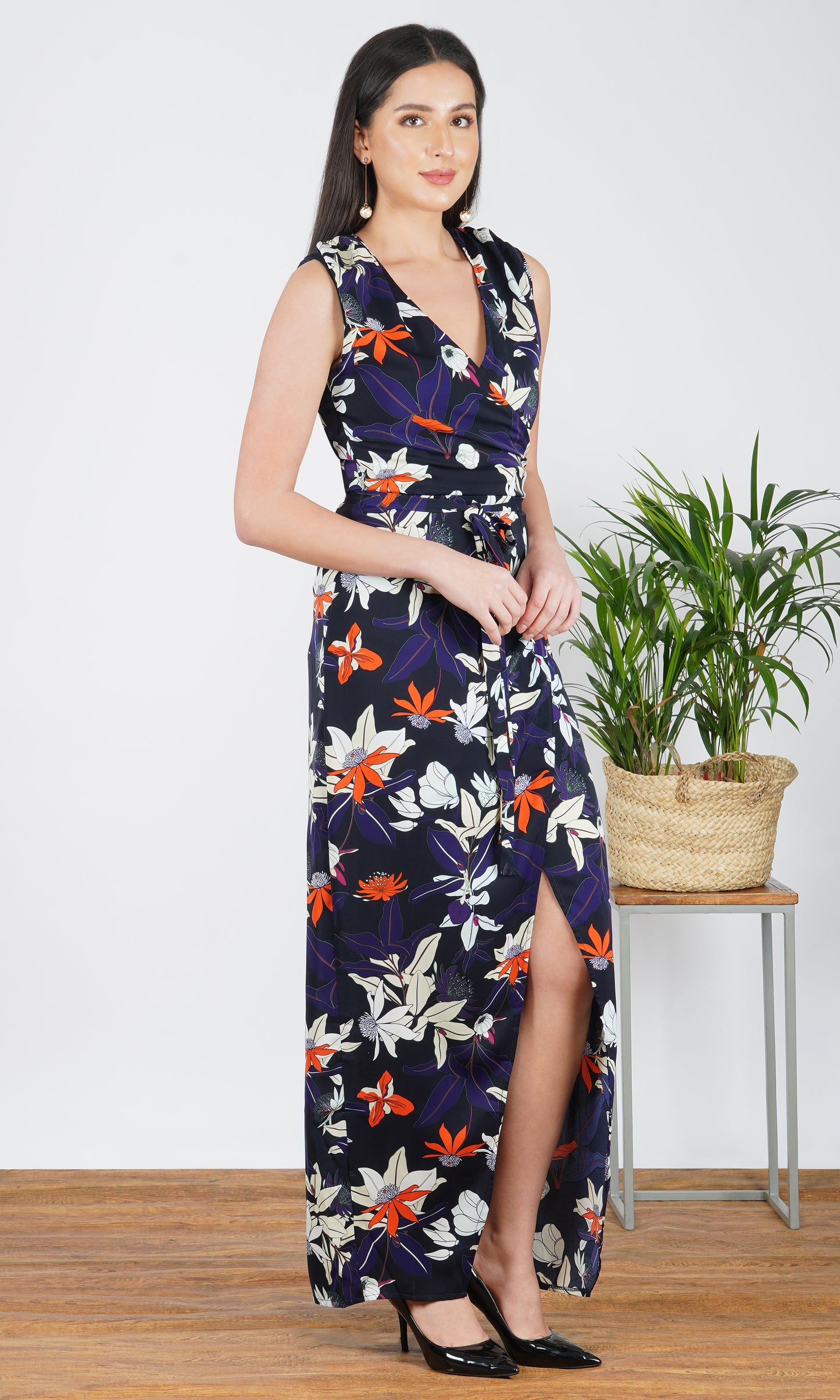navy blue floral print a-line maxi dress with slit
