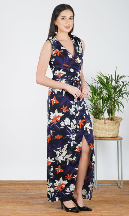 Navy Blue Floral Print A-Line Maxi Dress with Slit