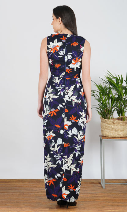 Navy Blue Floral Print A-Line Maxi Dress with Slit