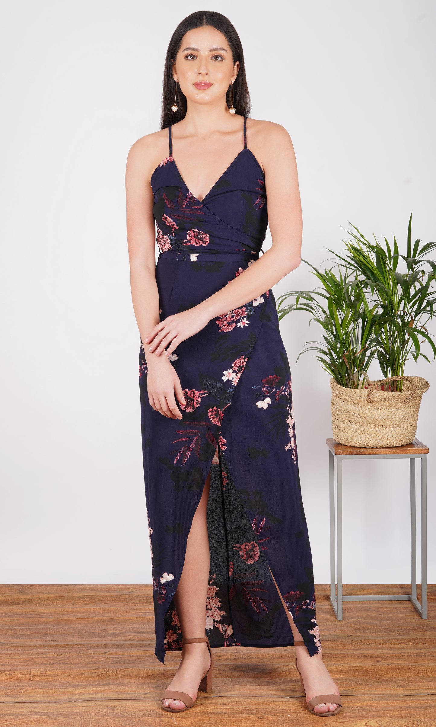 navy floral spaghetti strap maxi dress