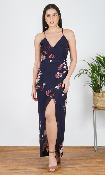 Navy Floral Spaghetti Strap Maxi Dress