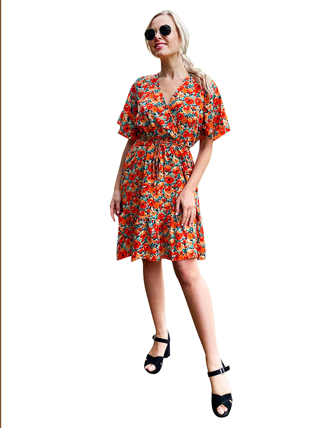 red floral short sleeve summer mini dress