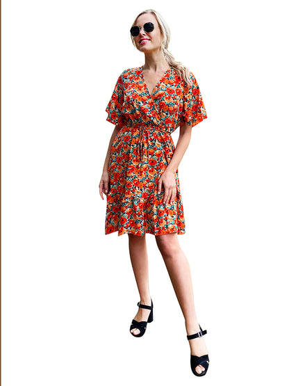 Red Floral Short Sleeve Summer Mini Dress