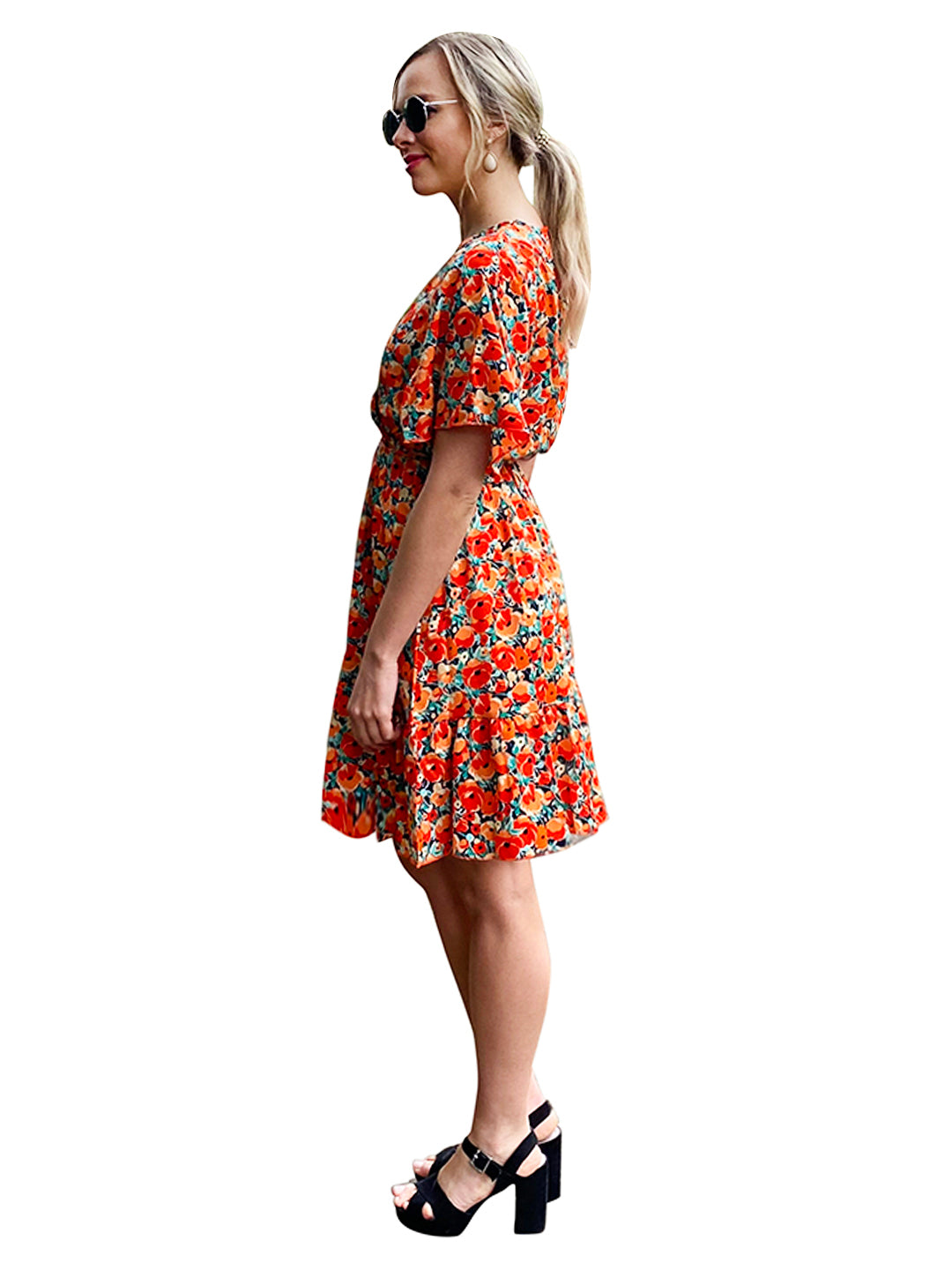 red floral short sleeve summer mini dress