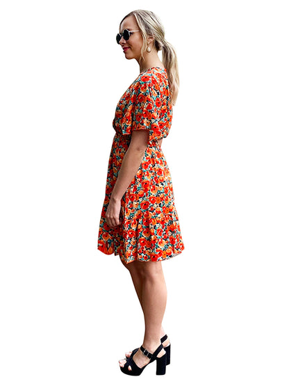 Red Floral Short Sleeve Summer Mini Dress