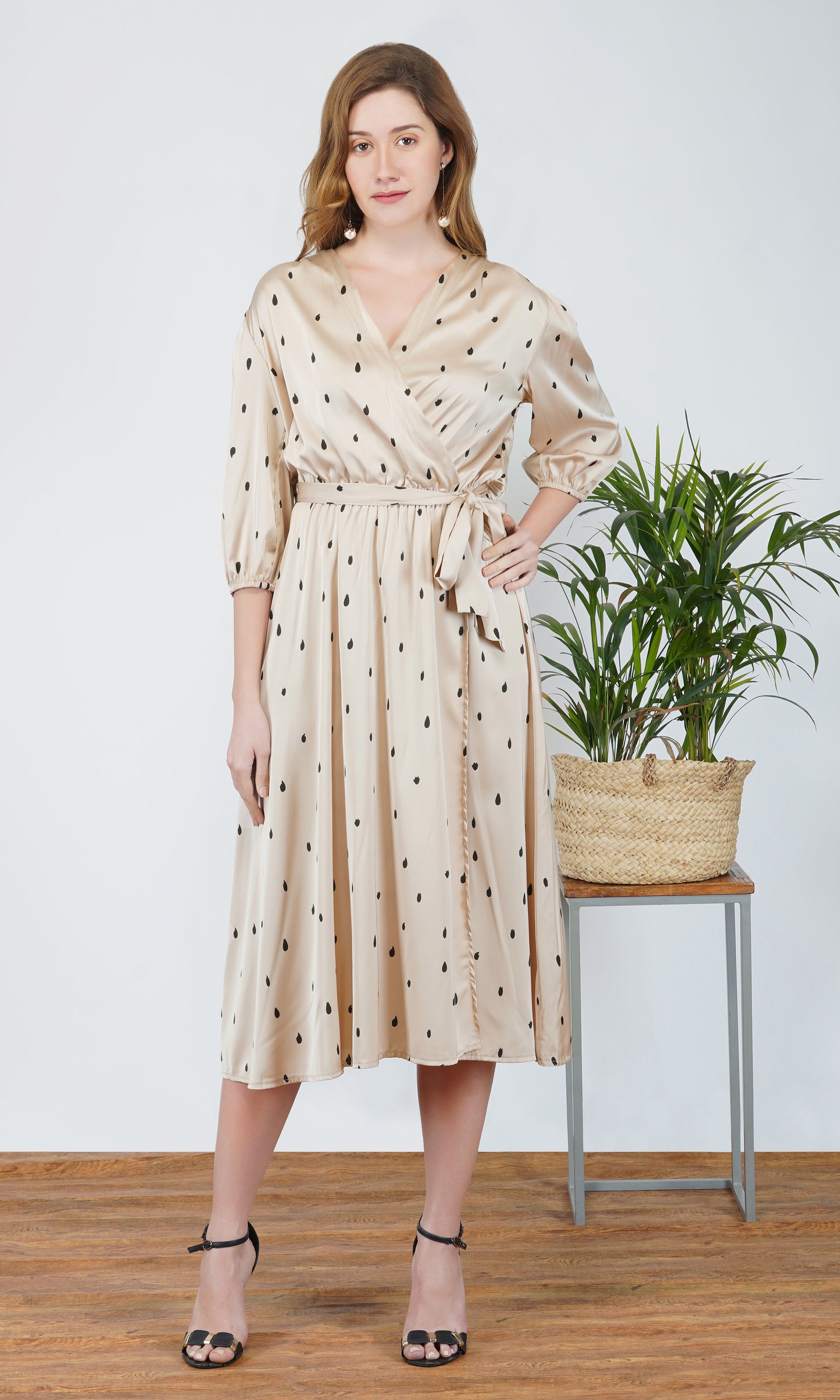satin teardrop print wrap midi dress