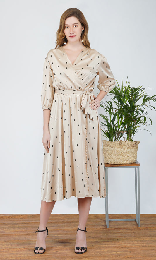 Satin Teardrop Print Wrap Midi Dress