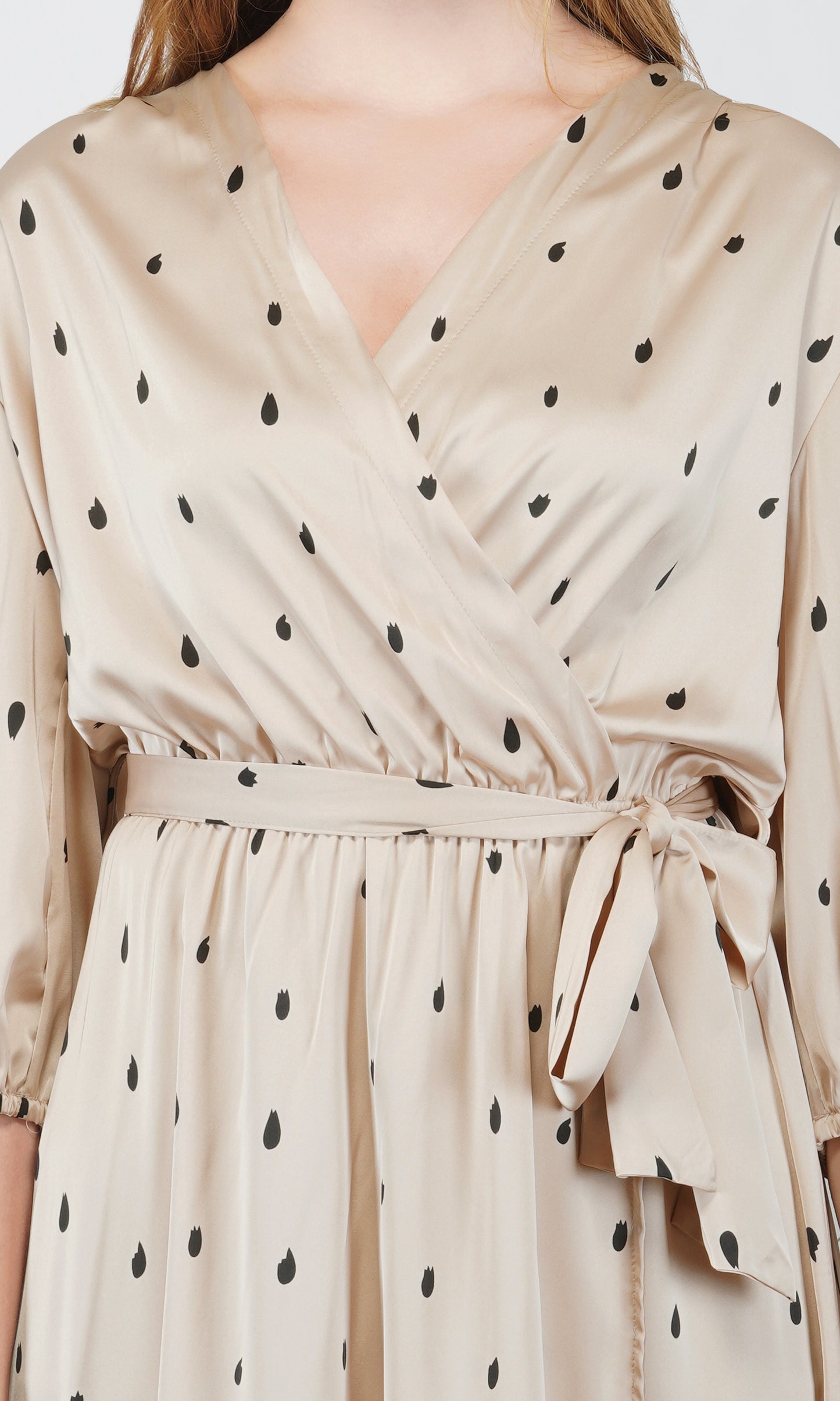 satin teardrop print wrap midi dress