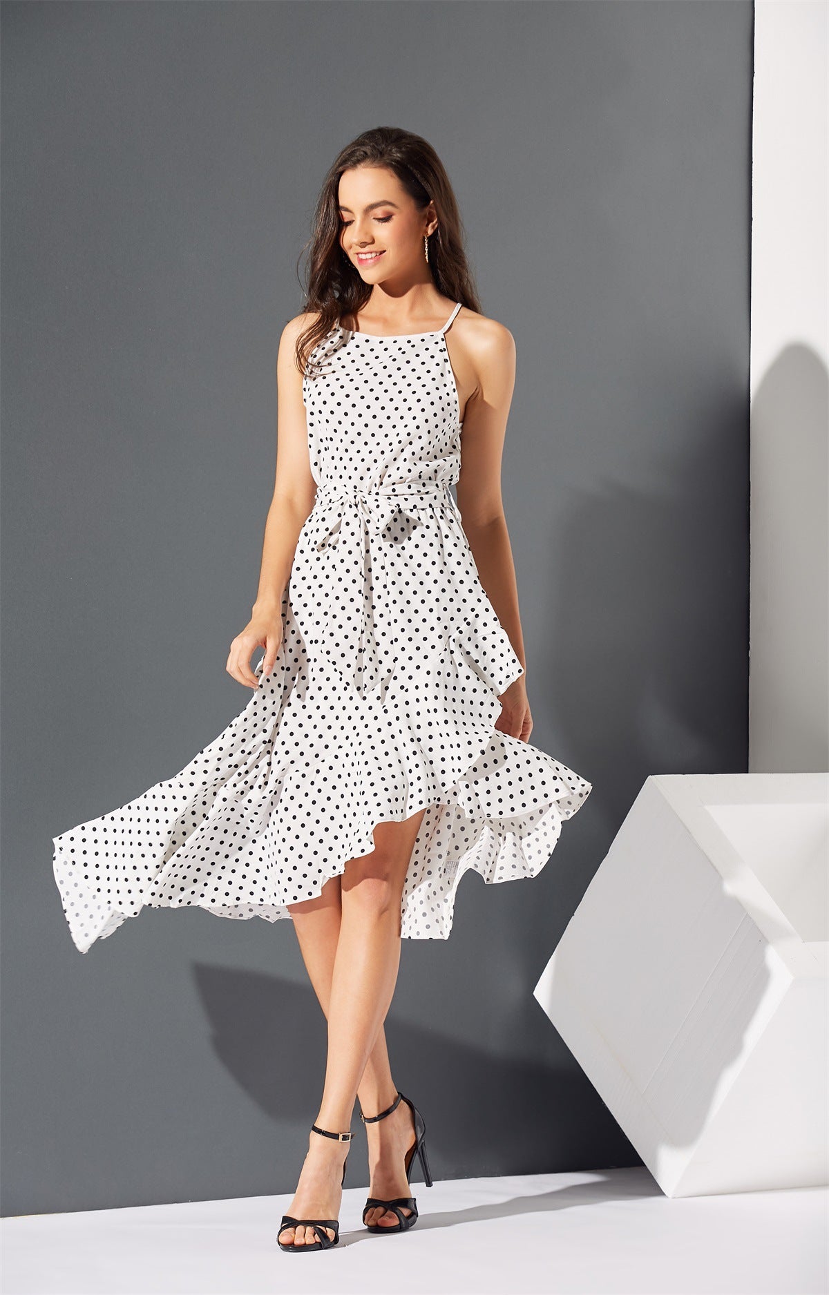 sleeveless off shoulder dot printing with hem belt waist dresse