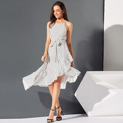 Sleeveless Off Shoulder Dot Printing with Hem Belt Waist Dresse
