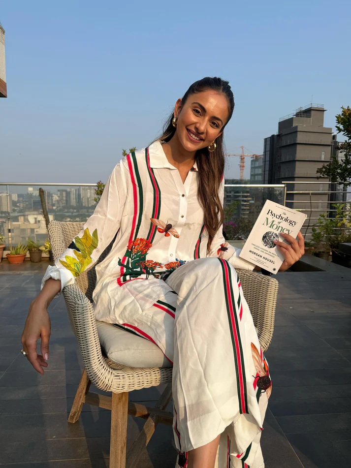 white rayon blend co-ord set with butterfly & floral print