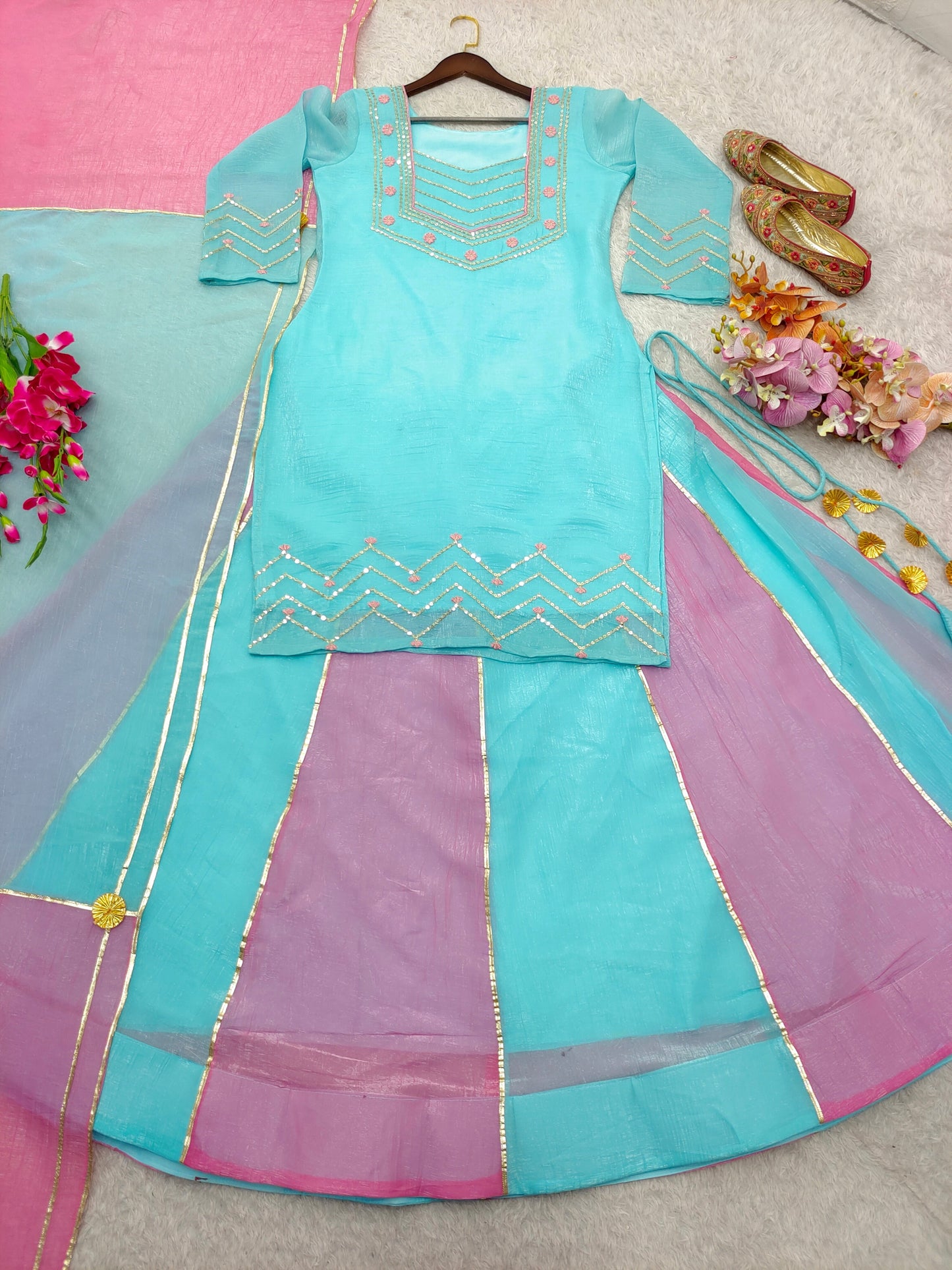 aqua blue & blush pink silk sharara set with dupatta