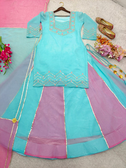 Aqua Blue & Blush Pink Silk Sharara Set with Dupatta