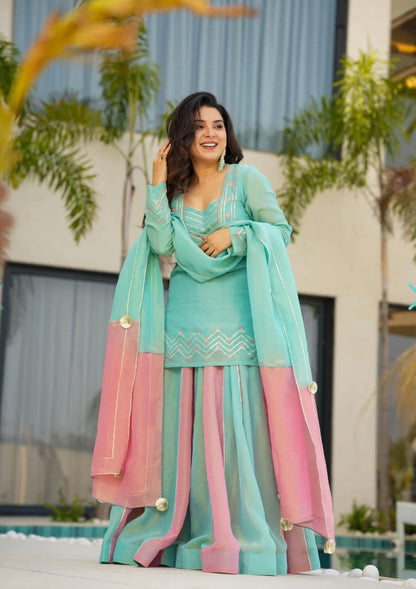Aqua Blue & Blush Pink Silk Sharara Set with Dupatta
