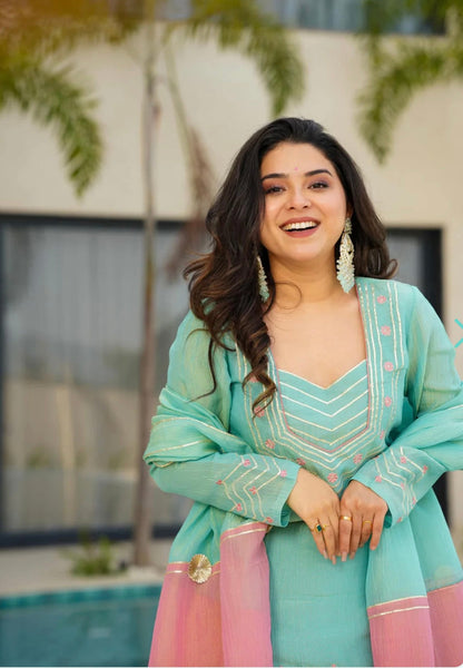 Aqua Blue & Blush Pink Silk Sharara Set with Dupatta