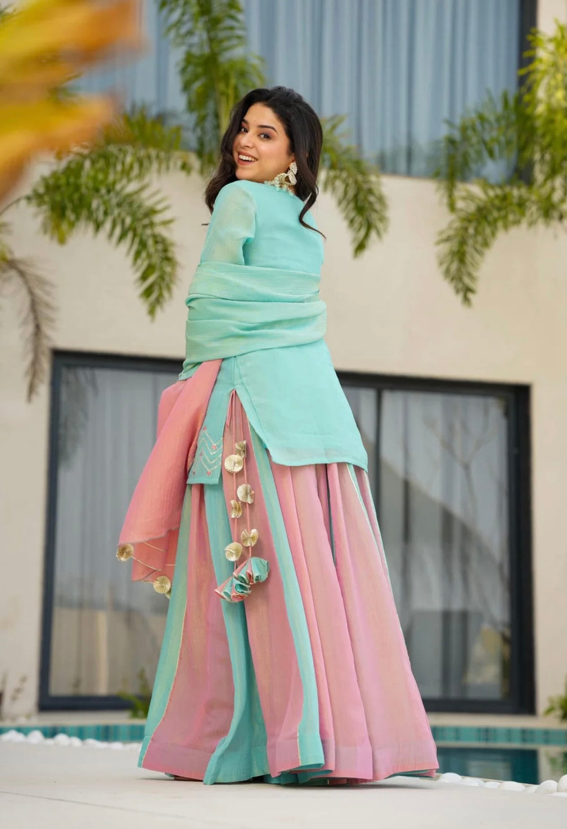 aqua blue & blush pink silk sharara set with dupatta