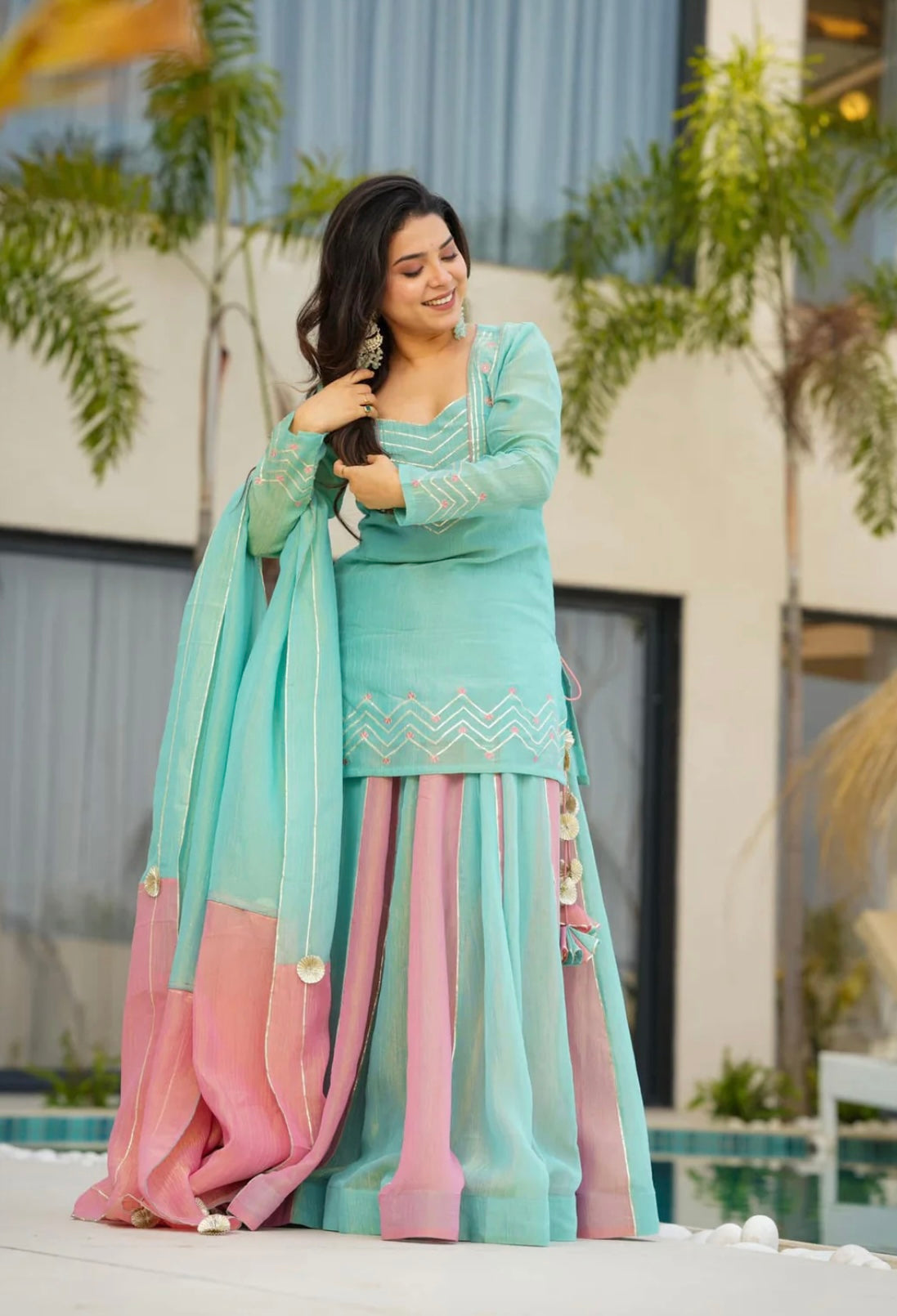 aqua blue & blush pink silk sharara set with dupatta